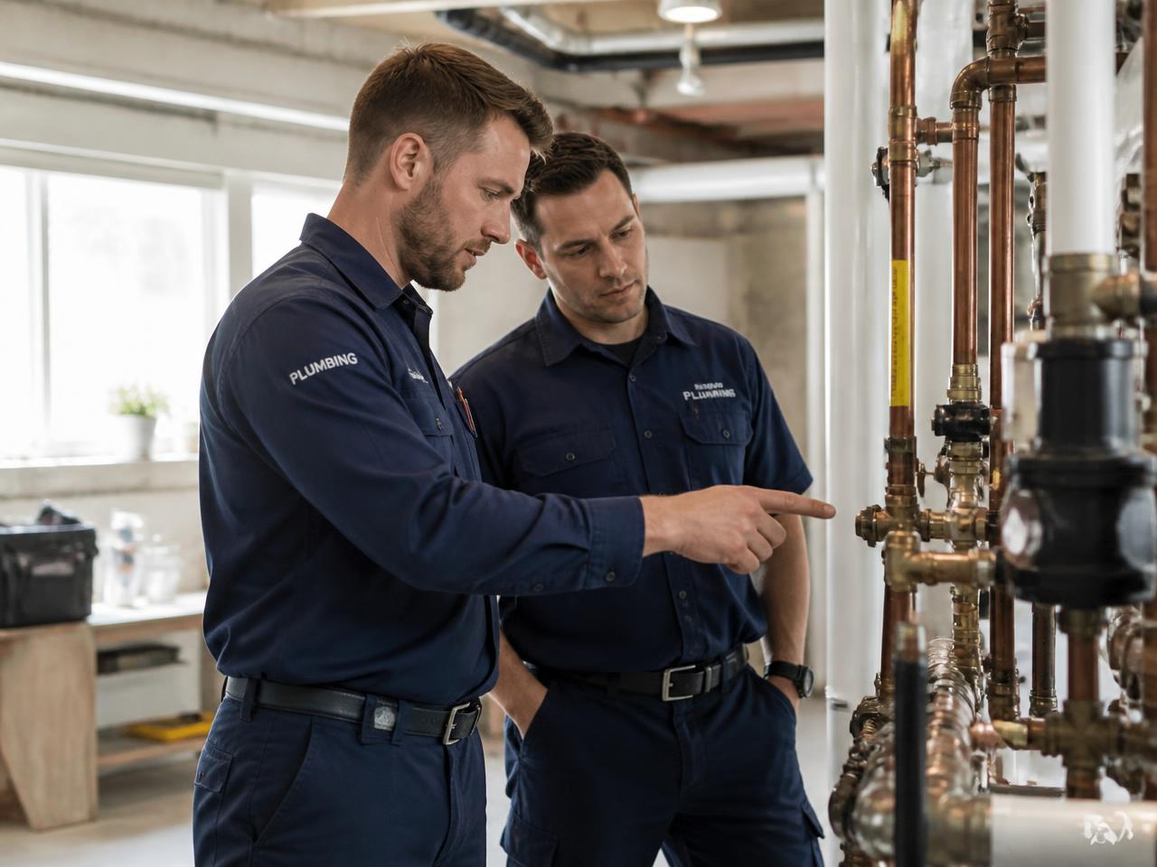 Two plumbing technicians reviewing pipework in a property basement